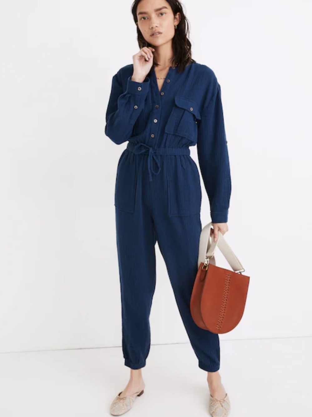 Madewell Lightspun Tapered-Leg Jumpsuit Size 2 Blue Double Gauze Drawstring